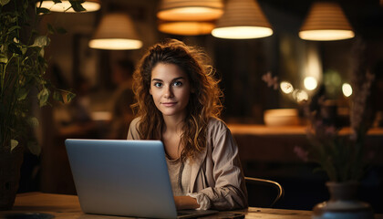 Mujer joven trabajando en una laptop, chica independiente o estudiante con computadora en oficinas de coworking o café moderno en la mesa.Ia generado. - obrazy, fototapety, plakaty