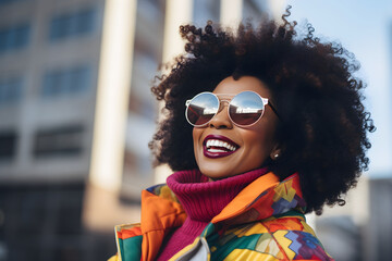 A happy fashion Afro American woman smiling, wearing sunglasses, a hat and autumnal outfit in financial street. Stylish female with Autumn colors