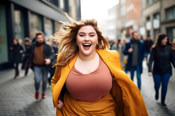 Happy young curvy woman smiling in street. Stylish female overweight proud of her body