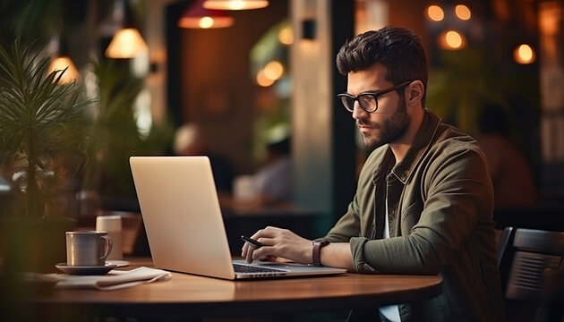 Joven trabajando en un ordenador portatil, chico independiente o estudiante con computadora en oficinas de coworking o cafeteria moderna.Ia generado.