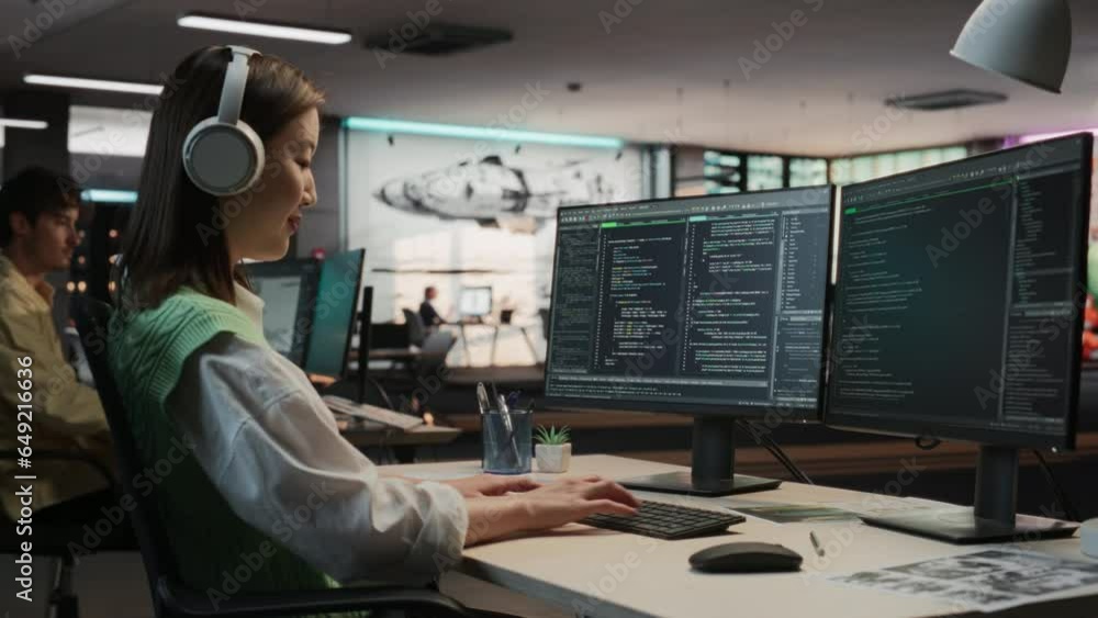 Poster Female Asian Game Programmer Coding On Desktop Computer In Game Design Studio Diverse Office. Woman Wearing Headphones, Writes Lines Of Code. Gameplay Engineer of New Immersive 3D Survival Video Game.