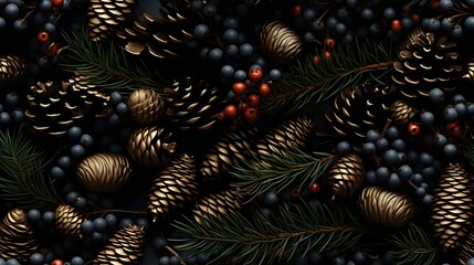 Christmas tree branches with cones seamless pattern