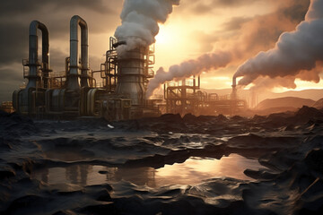 Geothermal facility. Concept of energy generation from natural resources. - obrazy, fototapety, plakaty