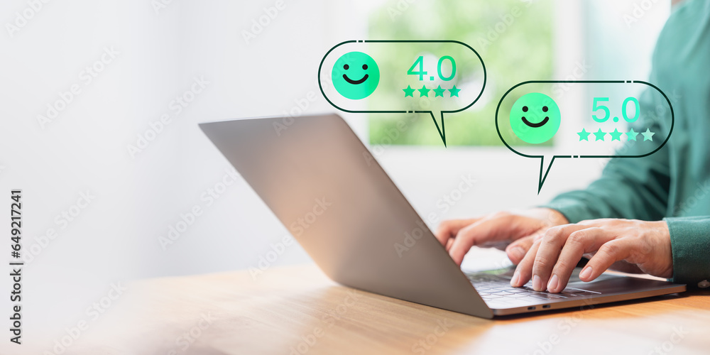 Poster customer use a laptop in give rating to service experience assessment on application to shop. client