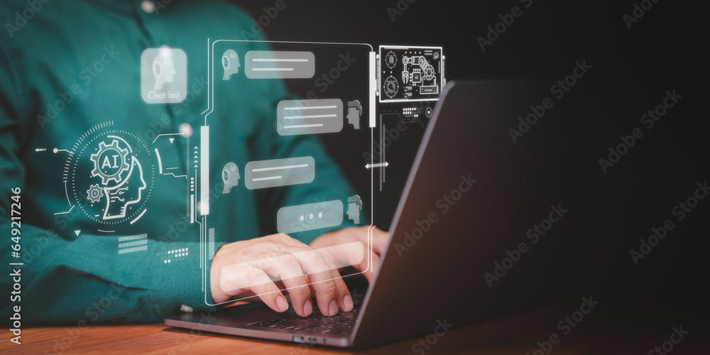 Poster Businessman use technology smart robot AI. Artificial intelligence by enter prompt for generates something, Futuristic technology transformation. Chatbot Chat with AI, Artificial Intelligence.