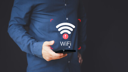 User using a mobile phone to connect to wifi but wifi not connected or password is incorrect and waiting to loading digital data form website, concept of waiting for connect to wifi by smartphone.