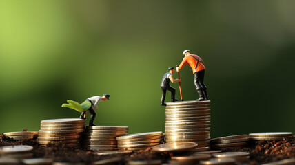 Miniature people. Climbers are climbing coins. Success business concept. business concept. Generative AI