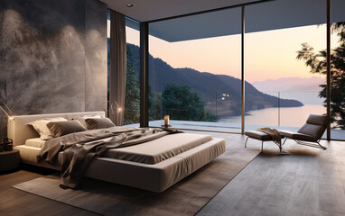 Modern cosy villa bedroom interior in a minimal style. luxury Glass house in the mountains. Magnificent sea or lake view from the bedroom of a modern villa on a sunrise