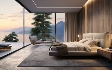 Modern cosy villa bedroom interior in a minimal style. luxury Glass house in the mountains. Magnificent sea or lake view from the bedroom of a modern villa on a sunrise