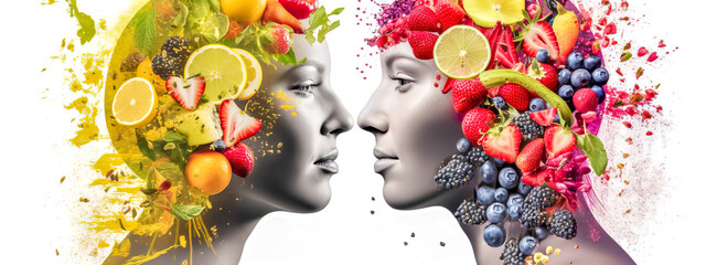 abstract portrait of people with fruit instead of hair, concept of healthy food in organic quality, banner on white background