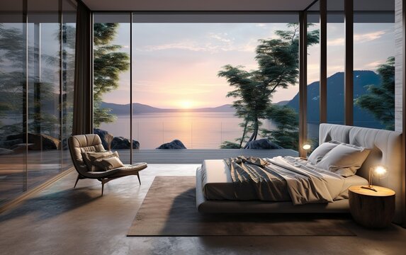 Fototapeta Modern cosy villa bedroom interior in a minimal style. luxury Glass house in the mountains. Magnificent sea or lake view from the bedroom of a modern villa on a sunrise