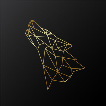 Geometric howling wolf side view. Golden head of a wild wolf in a linear style. Concept of leader.