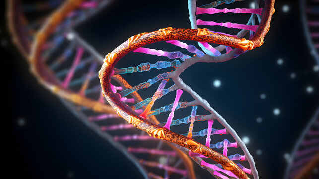 Intricate representation of the DNA double helix structure. Picture the iconic twisted ladder, where the rungs represent the base pairs connecting the two strands. 