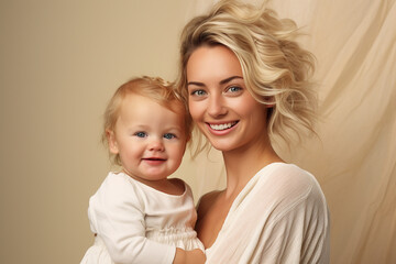 Studio portrait of beautiful woman mother holding her baby smiling on different colours background