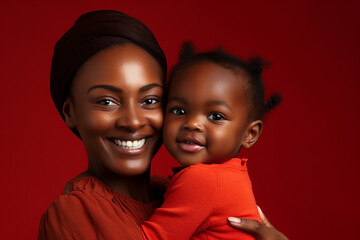 Studio portrait of beautiful woman mother holding her baby smiling on different colours background