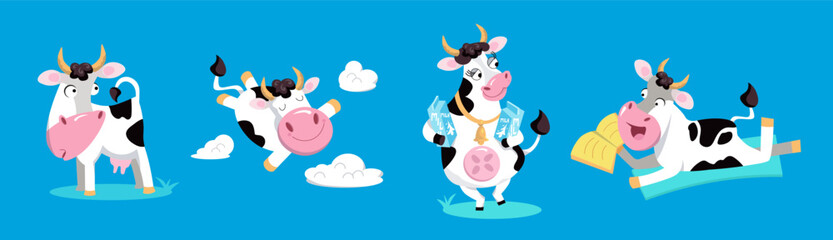 Cute funny set cows. Vector illustration, cartoon animal characters. Isolated icons for design.