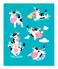 Cute funny set cows. Vector illustration, cartoon animal characters. Isolated icons for design.
