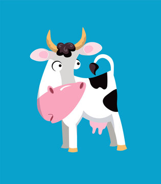Cute funny cow surprised. Vector illustration, cartoon animal character. Isolated icon for design.