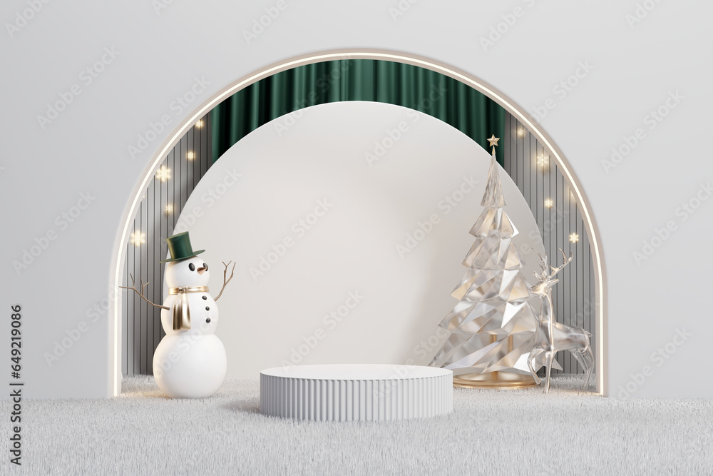 Poster merry christmas event product display podium with decoration background 3d rendering