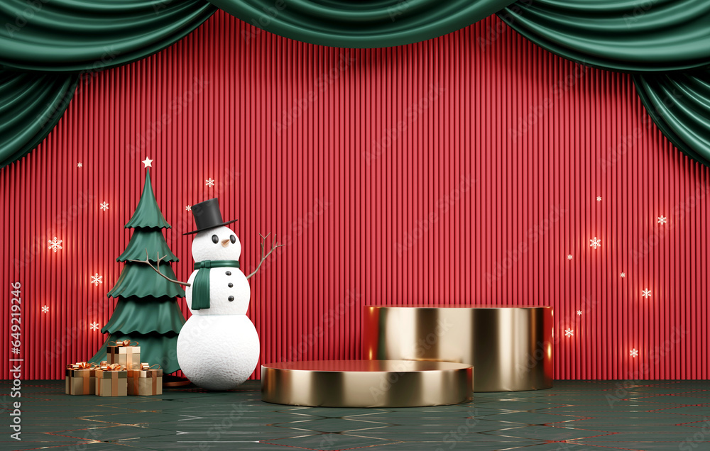 Poster merry christmas event product display podium with decoration background 3d rendering