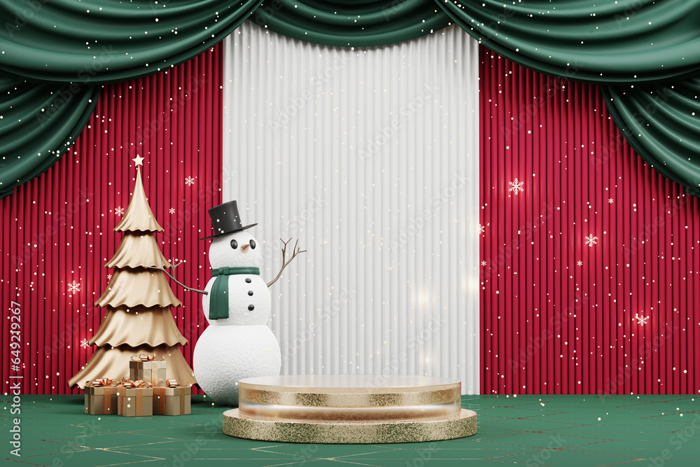 Poster merry christmas event product display podium with decoration background 3d rendering
