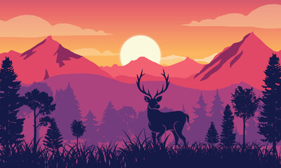 Fototapeta na wymiar forest landscape with a deer, mountain, and beautiful sunset in the background, cinematic color grading. vector art