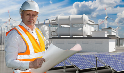 Power engineer man. Worker near electrical station. Power engineer looks into camera. Man...