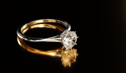 Diamond ring placed on glossy background 3d rendering.