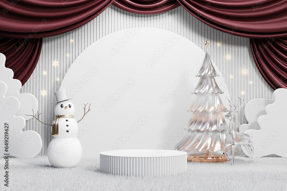 Poster merry christmas event product display podium with decoration background 3d rendering