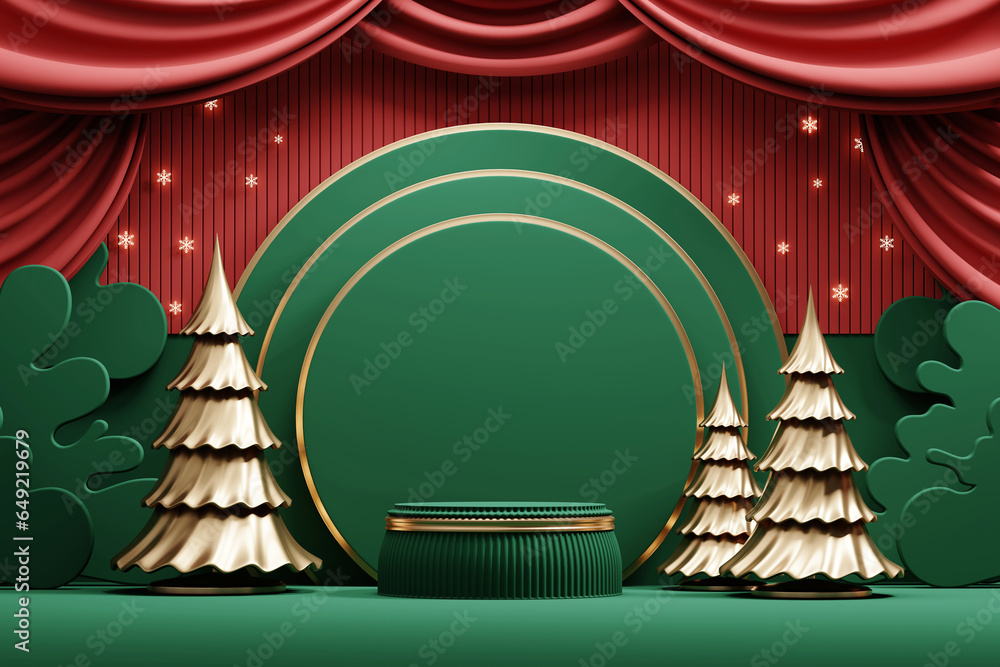Poster merry christmas event product display podium with decoration background 3d rendering