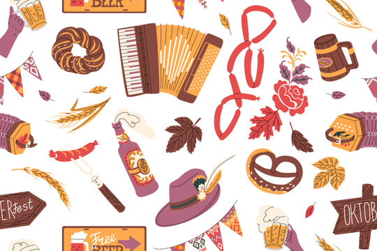 Vector seamless pattern for celebrating Oktoberfest. Festival of beer and attractions in Munich. Traditional attributes and decorations. German drinking culture.