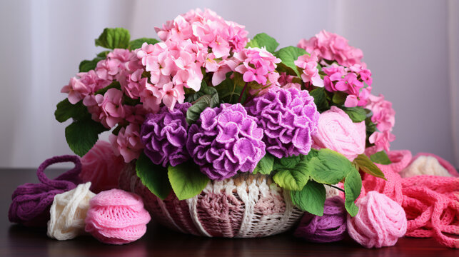 Yarn for crochet and hortensia in vase Flowers with photo
