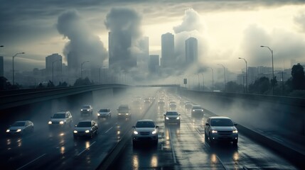 Air pollution from car traffic on city roads. - Powered by Adobe