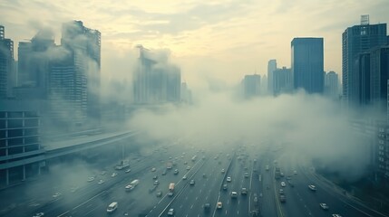 Air pollution from car traffic on city roads.