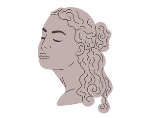 Antique female cartoon head. Clay old woman Greek statue. Vector isolated flat illustration, sculpture portrait.