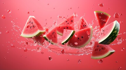 Watermelon in a splash of water. Few raw juicy fruit.Ripe watermelon cut into pieces flying in the air, with splash of water