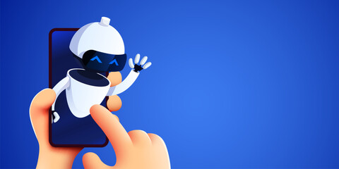 Hand hold smartphone with robot. Chatbot or AI concept.