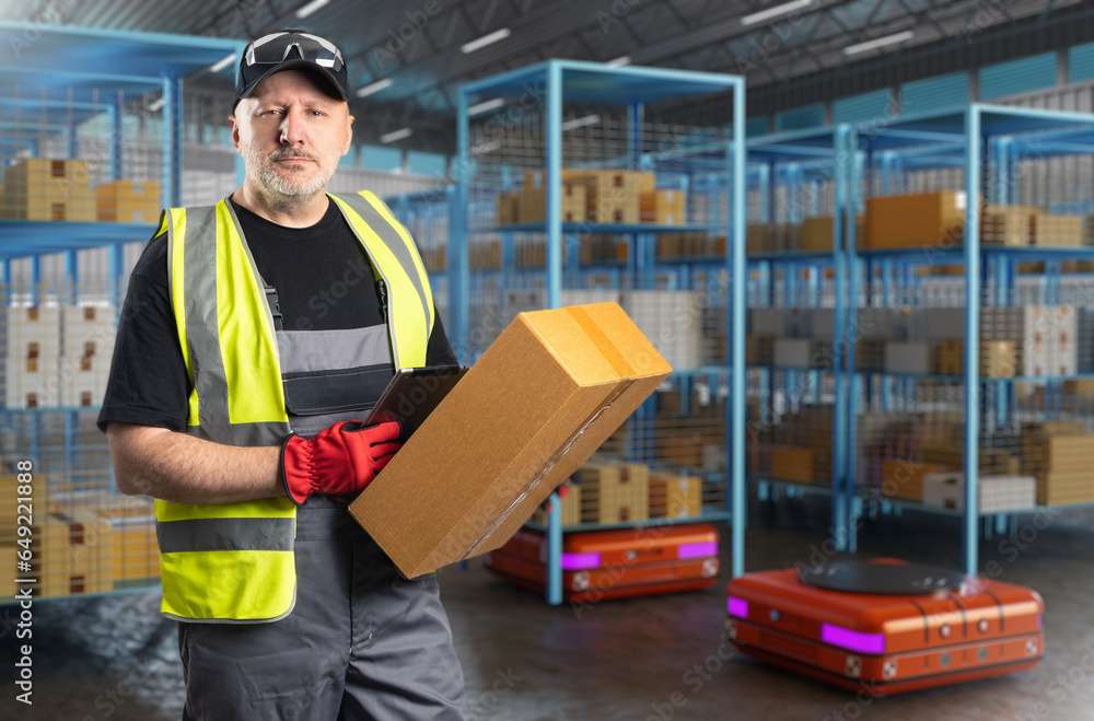 Poster man works in warehouse. guy near storage robots. warehouse contractor with clipboard and parcel. amr