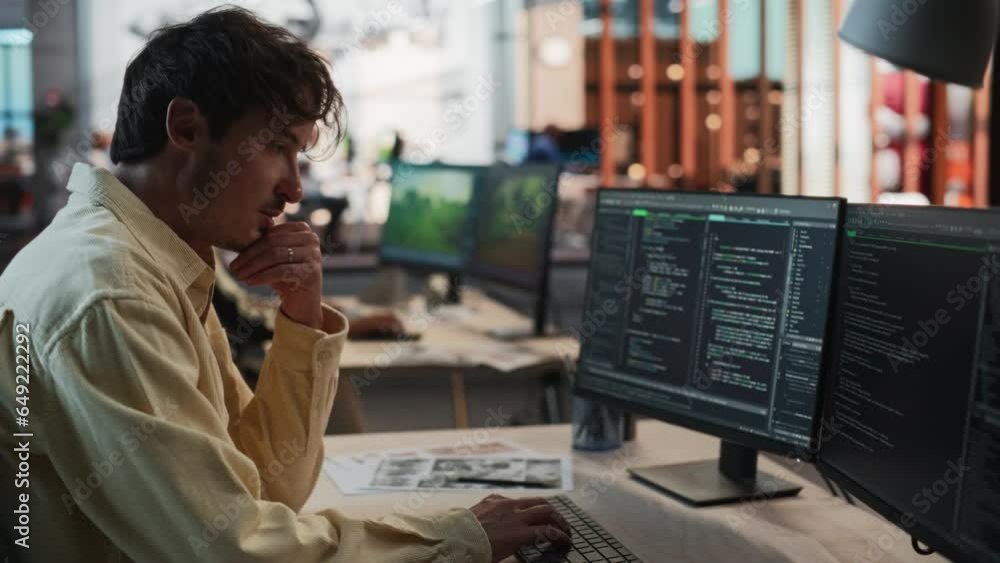 Fototapete Male Caucasian Game Programmer Coding On Desktop Computer In Game Design Studio Diverse Office. Focused Man Writes Lines Of Code, Does AI Programming For New Immersive 3D Survival Video Game.