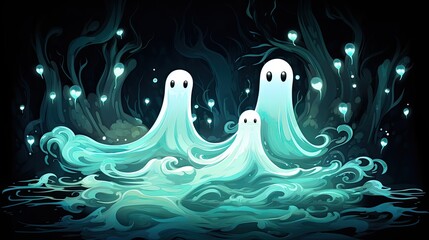 Spooky ghosts on a black backgound. Generative AI