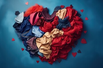 Pile of clothes laid out in shape of heart, a symbol of love. Creative concept of recycling old clothes, reuse and environmental friendliness, reasonable consumption. - obrazy, fototapety, plakaty