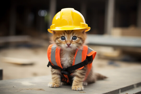 A kitten dressed as a builder at a construction site with safety helmet.ai generative