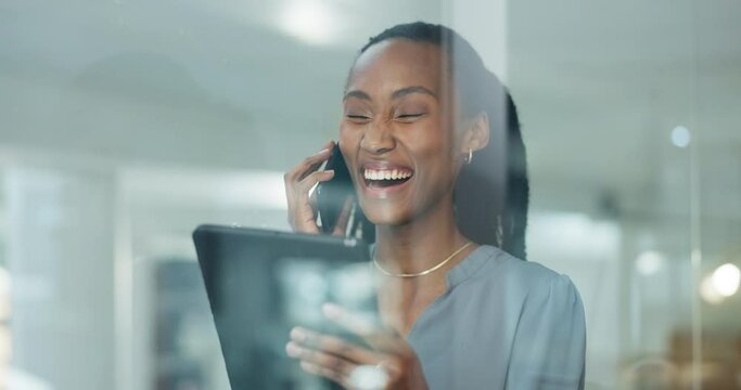 Tablet, happy discussion and phone call of a black woman in a business office with networking. Online, digital and female professional laughing at web design company talking about creative proposal