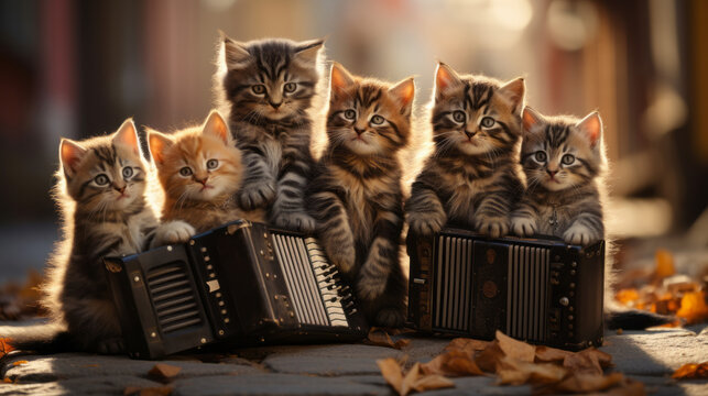 Gruppe aus mehreren süßen kleinen Katzen sitzen nebeneinander auf einer Ziehharmonika