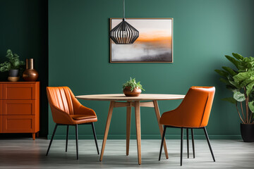 Orange leather chairs at round dining table against green wall. Scandinavian, mid-century home interior design of modern living room.ai generative