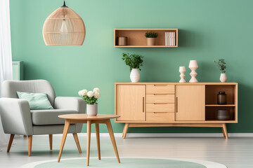 Mint color chairs at round wooden dining table in room with sofa and cabinet near green wall. Scandinavian, mid-century home interior design of modern living room.ai generative