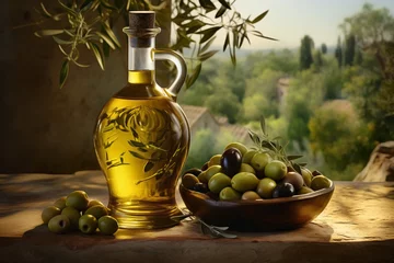 Gordijnen Olives and olive oil outdoors. © Cala Serrano