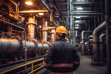 Fototapeta premium Male worker inspection at steel long pipes and pipe elbow in station oil factory during refinery valve.ai generative