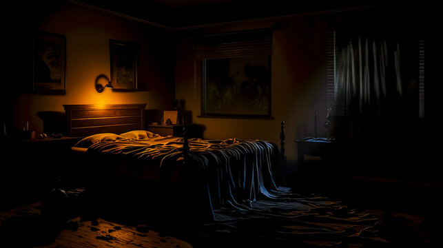 dark bedroom with bed, nightmares, haunted house