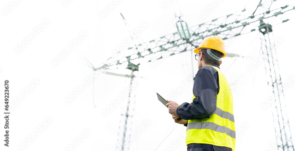 Aufkleber Engineer with digital tablet on a background of power line tower.